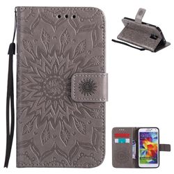 Embossing Sunflower Leather Wallet Case for Samsung Galaxy S5 G900 - Gray