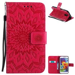 Embossing Sunflower Leather Wallet Case for Samsung Galaxy S5 G900 - Red