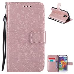 Embossing Sunflower Leather Wallet Case for Samsung Galaxy S5 G900 - Rose Gold