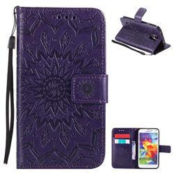 Embossing Sunflower Leather Wallet Case for Samsung Galaxy S5 G900 - Purple