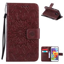 Embossing Sunflower Leather Wallet Case for Samsung Galaxy S5 G900 - Brown