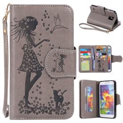 Embossing Cat Girl 9 Card Leather Wallet Case for Samsung Galaxy S5 G900 - Gray