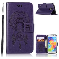 Intricate Embossing Owl Campanula Leather Wallet Case for Samsung Galaxy S5 G900 - Purple