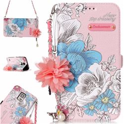Pink Blue Rose Endeavour Florid Pearl Flower Pendant Metal Strap PU Leather Wallet Case for Samsung Galaxy S5 G900