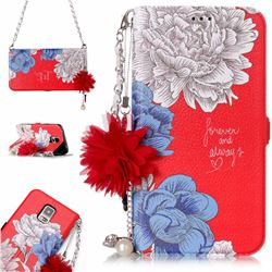 Red Chrysanthemum Endeavour Florid Pearl Flower Pendant Metal Strap PU Leather Wallet Case for Samsung Galaxy S5 G900
