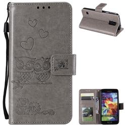 Embossing Owl Couple Flower Leather Wallet Case for Samsung Galaxy S5 G900 - Gray