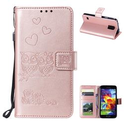Embossing Owl Couple Flower Leather Wallet Case for Samsung Galaxy S5 G900 - Rose Gold