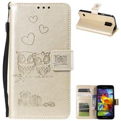 Embossing Owl Couple Flower Leather Wallet Case for Samsung Galaxy S5 G900 - Golden