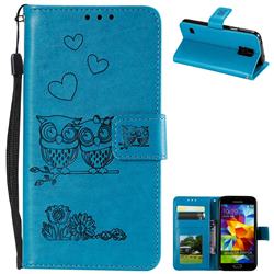 Embossing Owl Couple Flower Leather Wallet Case for Samsung Galaxy S5 G900 - Blue