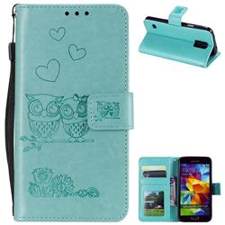 Embossing Owl Couple Flower Leather Wallet Case for Samsung Galaxy S5 G900 - Green