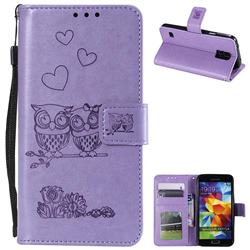 Embossing Owl Couple Flower Leather Wallet Case for Samsung Galaxy S5 G900 - Purple