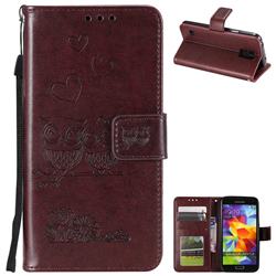 Embossing Owl Couple Flower Leather Wallet Case for Samsung Galaxy S5 G900 - Brown