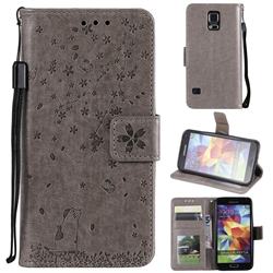 Embossing Cherry Blossom Cat Leather Wallet Case for Samsung Galaxy S5 G900 - Gray