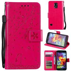 Embossing Cherry Blossom Cat Leather Wallet Case for Samsung Galaxy S5 G900 - Rose