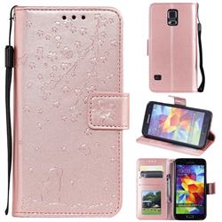 Embossing Cherry Blossom Cat Leather Wallet Case for Samsung Galaxy S5 G900 - Rose Gold