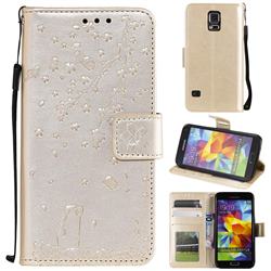 Embossing Cherry Blossom Cat Leather Wallet Case for Samsung Galaxy S5 G900 - Golden