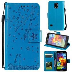 Embossing Cherry Blossom Cat Leather Wallet Case for Samsung Galaxy S5 G900 - Blue