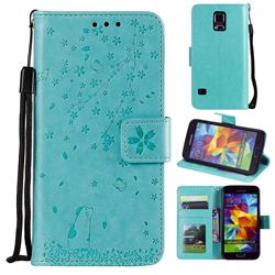 Embossing Cherry Blossom Cat Leather Wallet Case for Samsung Galaxy S5 G900 - Green