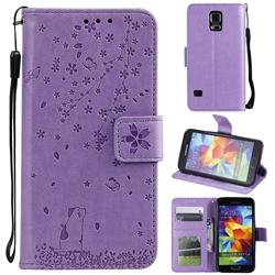 Embossing Cherry Blossom Cat Leather Wallet Case for Samsung Galaxy S5 G900 - Purple