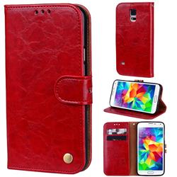 Luxury Retro Oil Wax PU Leather Wallet Phone Case for Samsung Galaxy S5 G900 - Brown Red