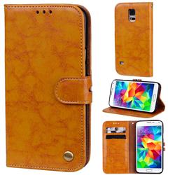 Luxury Retro Oil Wax PU Leather Wallet Phone Case for Samsung Galaxy S5 G900 - Orange Yellow