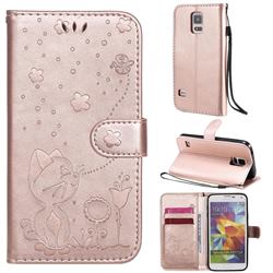 Embossing Bee and Cat Leather Wallet Case for Samsung Galaxy S5 G900 - Rose Gold