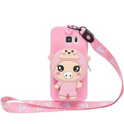 Pink Pig Neck Lanyard Zipper Wallet Silicone Case for Samsung Galaxy S6 G920