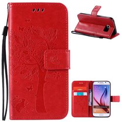 Embossing Butterfly Tree Leather Wallet Case for Samsung Galaxy S6 - Red