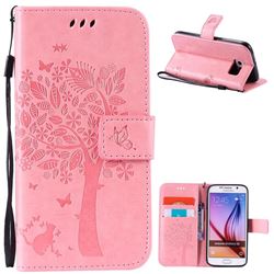 Embossing Butterfly Tree Leather Wallet Case for Samsung Galaxy S6 - Pink