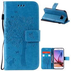 Embossing Butterfly Tree Leather Wallet Case for Samsung Galaxy S6 - Blue