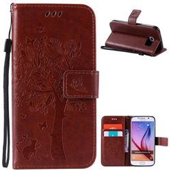 Embossing Butterfly Tree Leather Wallet Case for Samsung Galaxy S6 - Brown