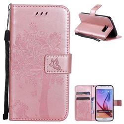 Embossing Butterfly Tree Leather Wallet Case for Samsung Galaxy S6 G920 - Rose Pink