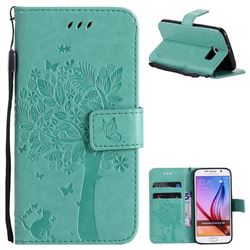 Embossing Butterfly Tree Leather Wallet Case for Samsung Galaxy S6 G920 - Cyan