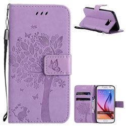 Embossing Butterfly Tree Leather Wallet Case for Samsung Galaxy S6 G920 - Violet