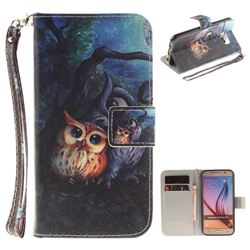 Oil Painting Owl Hand Strap Leather Wallet Case for Samsung Galaxy S6 G920