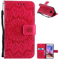 Embossing Sunflower Leather Wallet Case for Samsung Galaxy S6 G920 - Red