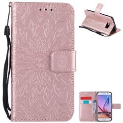 Embossing Sunflower Leather Wallet Case for Samsung Galaxy S6 G920 - Rose Gold
