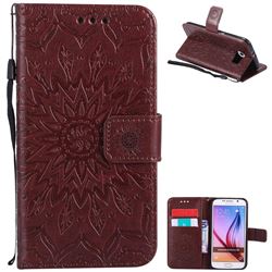 Embossing Sunflower Leather Wallet Case for Samsung Galaxy S6 G920 - Brown