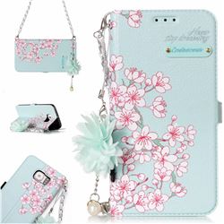 Cherry Blossoms Endeavour Florid Pearl Flower Pendant Metal Strap PU Leather Wallet Case for Samsung Galaxy S6 G920