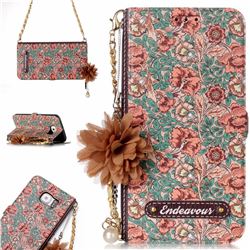 Impatiens Endeavour Florid Pearl Flower Pendant Metal Strap PU Leather Wallet Case for Samsung Galaxy S6 G920