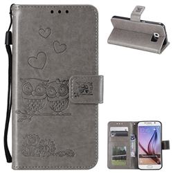 Embossing Owl Couple Flower Leather Wallet Case for Samsung Galaxy S6 G920 - Gray