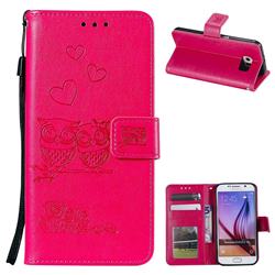 Embossing Owl Couple Flower Leather Wallet Case for Samsung Galaxy S6 G920 - Red