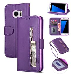 Retro Calfskin Zipper Leather Wallet Case Cover for Samsung Galaxy S6 G920 - Purple