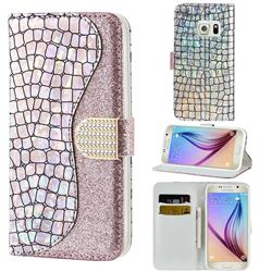 Glitter Diamond Buckle Laser Stitching Leather Wallet Phone Case for Samsung Galaxy S6 G920 - Pink