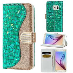 Glitter Diamond Buckle Laser Stitching Leather Wallet Phone Case for Samsung Galaxy S6 G920 - Green