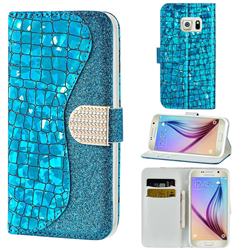 Glitter Diamond Buckle Laser Stitching Leather Wallet Phone Case for Samsung Galaxy S6 G920 - Blue