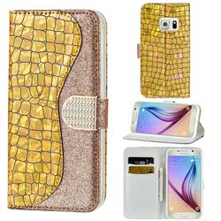 Glitter Diamond Buckle Laser Stitching Leather Wallet Phone Case for Samsung Galaxy S6 G920 - Gold