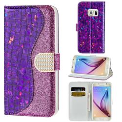 Glitter Diamond Buckle Laser Stitching Leather Wallet Phone Case for Samsung Galaxy S6 G920 - Purple