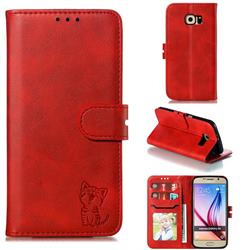 Embossing Happy Cat Leather Wallet Case for Samsung Galaxy S6 G920 - Red