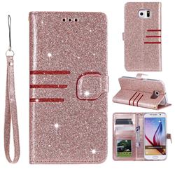 Retro Stitching Glitter Leather Wallet Phone Case for Samsung Galaxy S6 G920 - Rose Gold